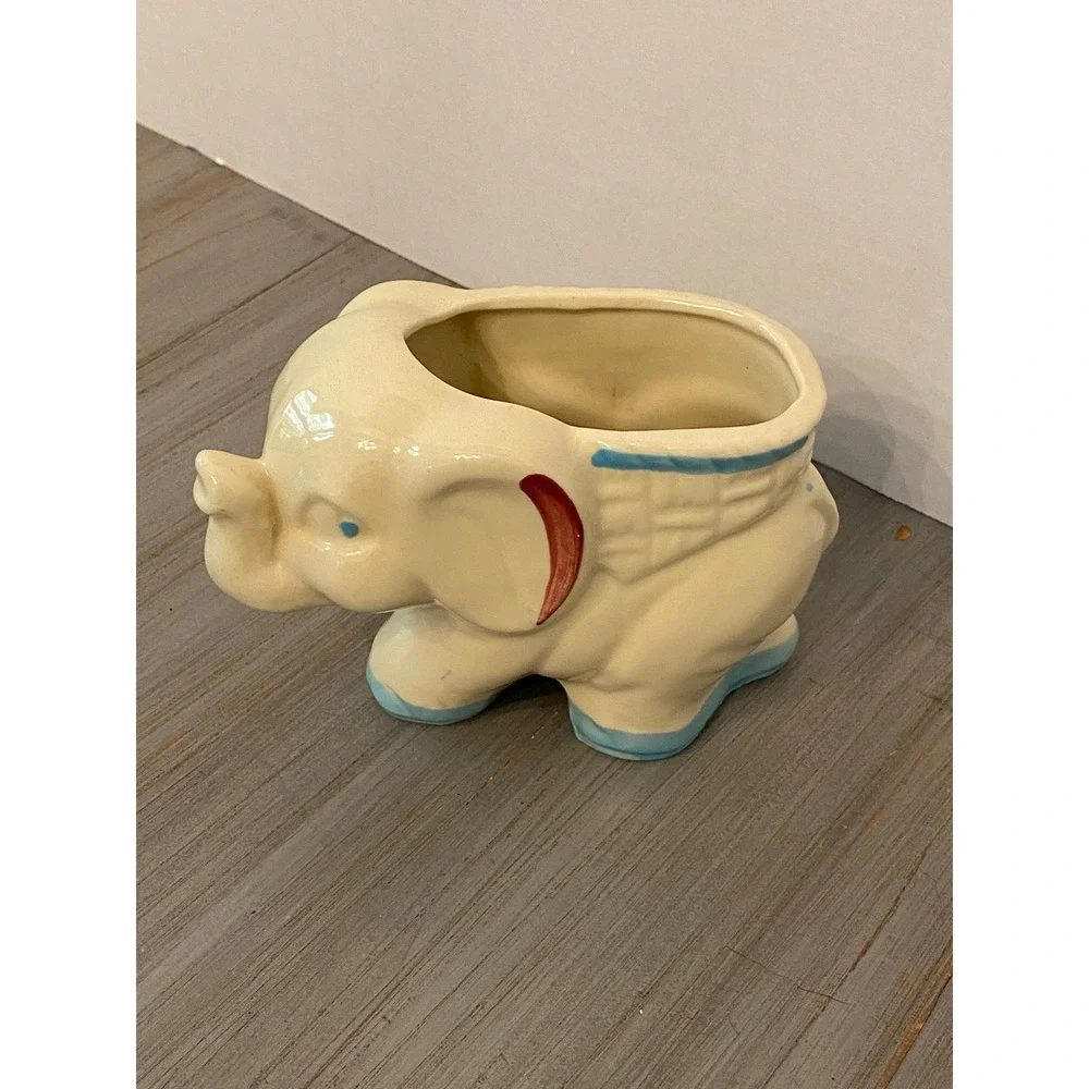 Vintage USA Ceramic Elephant Planter Cream Blue Red Mid Century Pottery Novelty